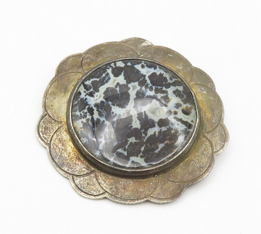 925 Sterling Silver  Vintage Spotted Jasper Floral Oxidized Brooch Pin  BP5323
