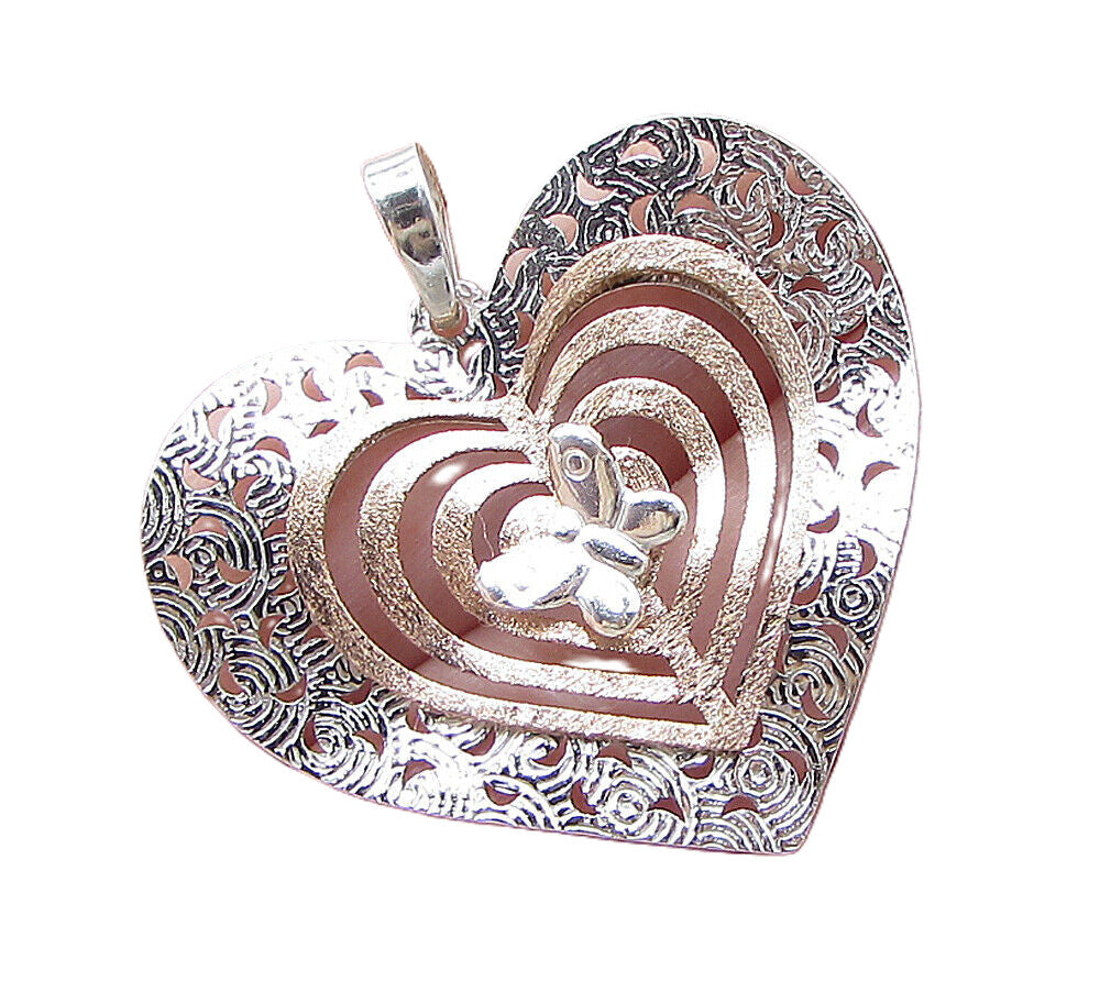 925 Sterling Silver Cut Out 2 Tone Love Heart & Butterfly Drop Pendant PT1398
