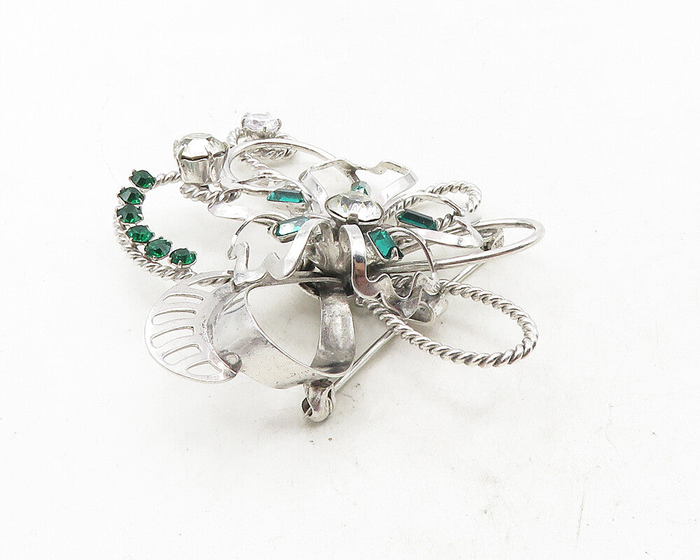 CARL ART 925 Silver  Vintage Cubic Zirconia & Green Topaz Brooch Pin  BP3909