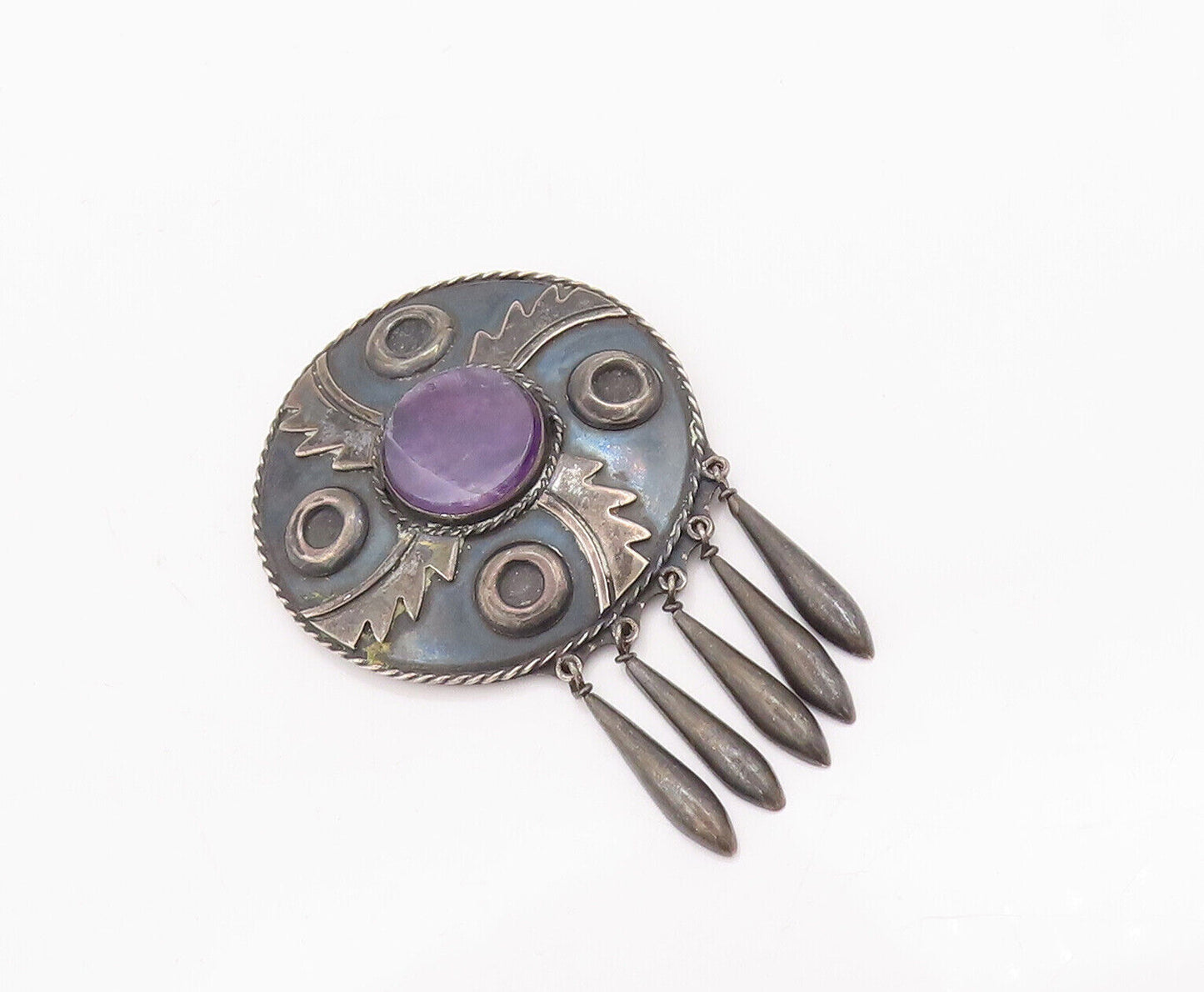 925 Sterling Silver Vintage Brooch Pin DAMASO GALLEGOS Amethyst Carved  BP10852