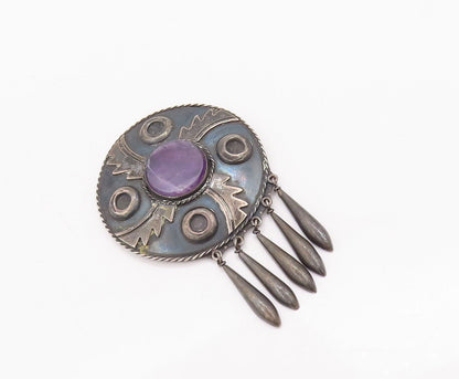 925 Sterling Silver Vintage Brooch Pin DAMASO GALLEGOS Amethyst Carved  BP10852