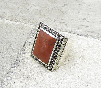 925 Sterling Silver  Red Jasper & Marcasite Cocktail Ring Sz 6  RG1589