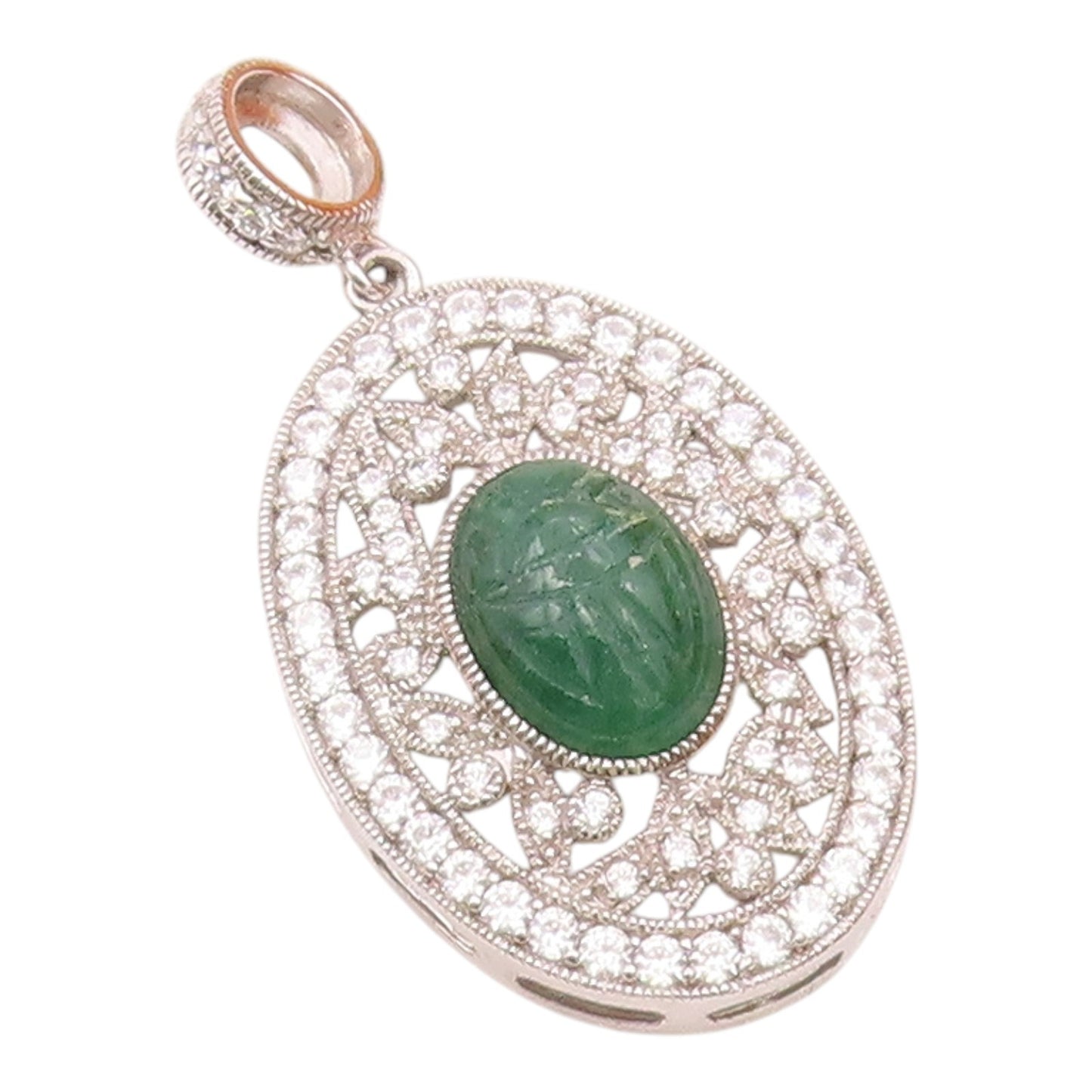 925 Sterling Silver  Vintage Carved Jade & Cubic Zirconia Pendant  PT20048