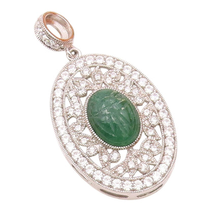 925 Sterling Silver  Vintage Carved Jade & Cubic Zirconia Pendant  PT20048