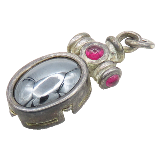 925 Sterling Silver  Vintage Shiny Hematite & Pink Topaz Pendant  PT15273