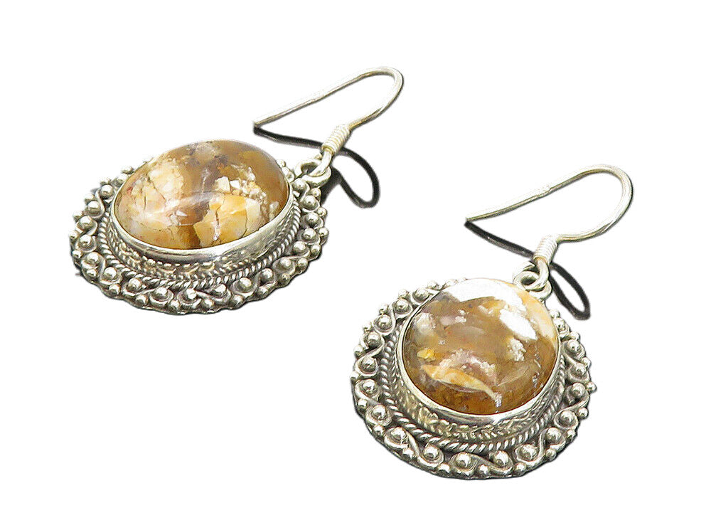 925 Sterling Silver  Vintage Cabochon Cut Brown Jasper Dangle Earrings  EG3632