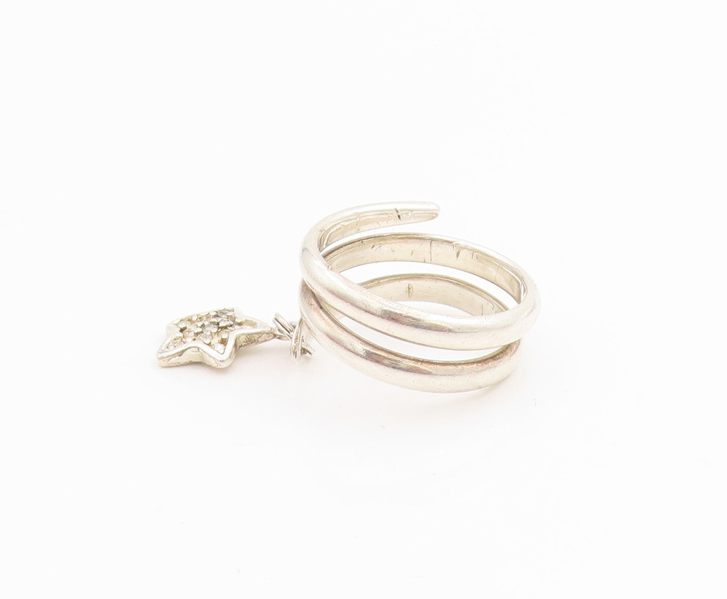 925 Sterling Silver Vintage Ring Dangling CZ Star Spiral Coil  Sz 7.5  RG33885