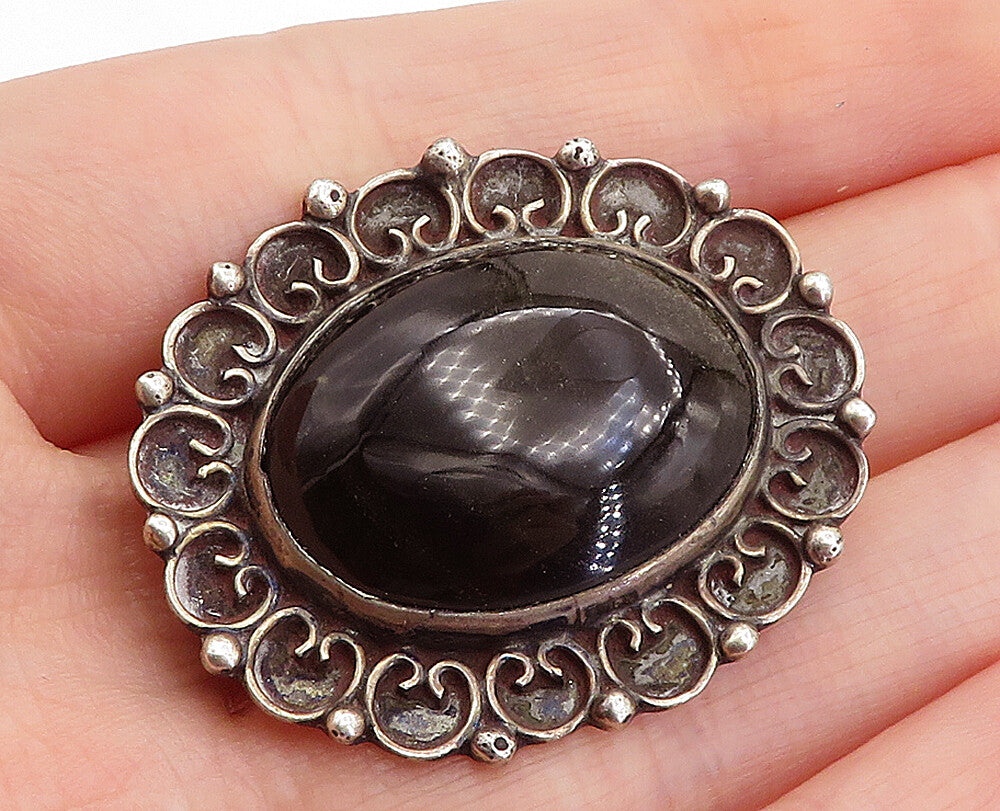 MEXICO 925 Sterling Silver  Vintage Cabochon Cut Black Onyx Brooch Pin  BP1684