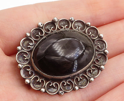 MEXICO 925 Sterling Silver  Vintage Cabochon Cut Black Onyx Brooch Pin  BP1684