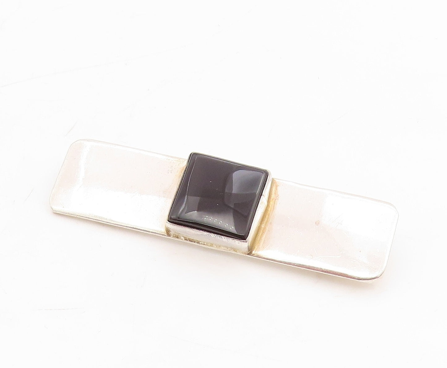 925 Sterling Silver Vintage Brooch Pin Minimalist Square Onyx Inlay  BP11465