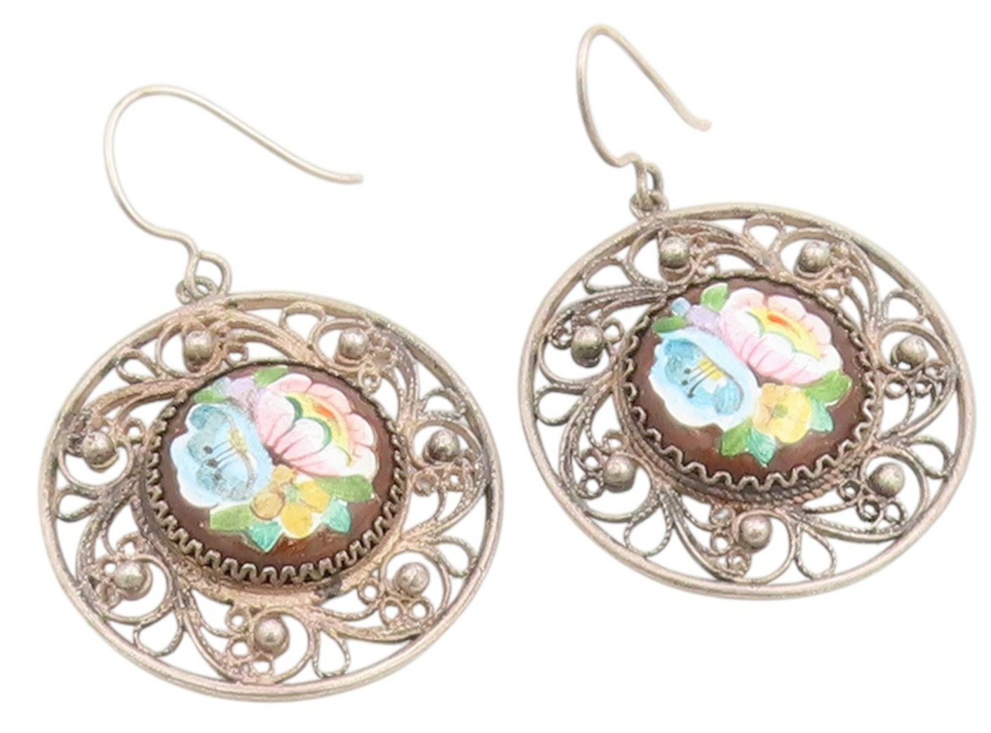 925 Sterling Silver Vintage Earrings Floral Enamel Filigree Dangle  EG14079