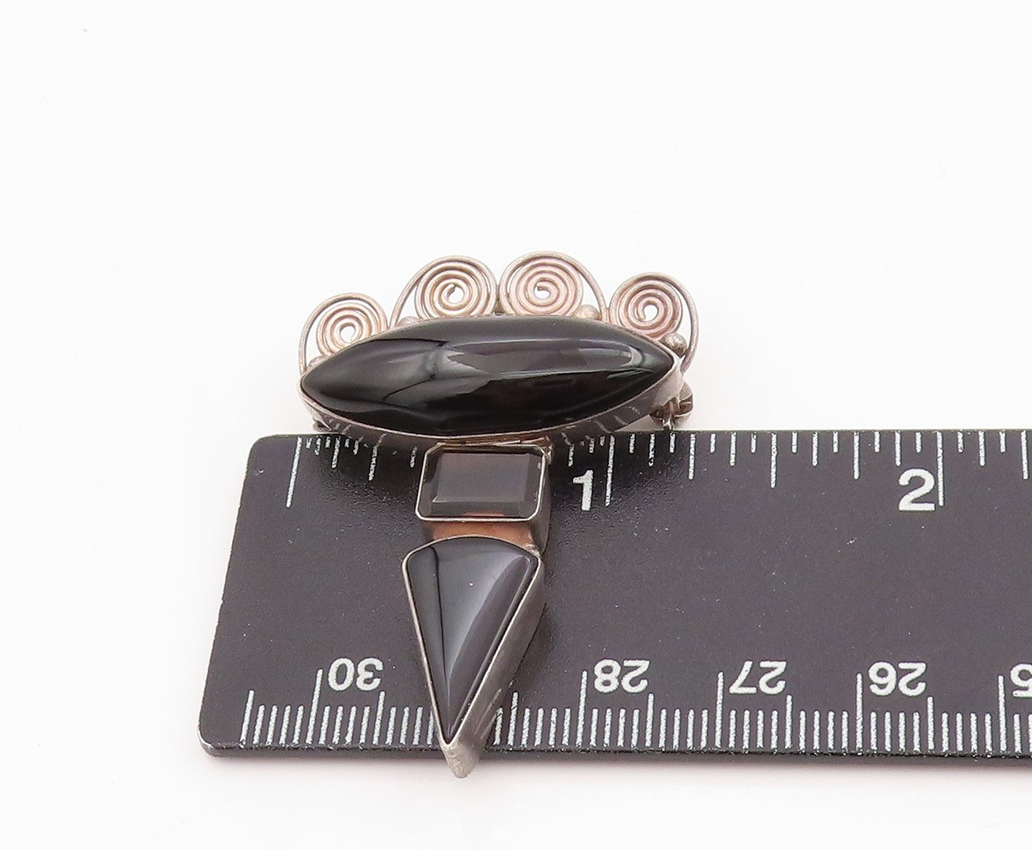 925 Sterling Silver Vintage Brooch SAJEN Smoky Quartz & Onyx Swirly Pin  BP11955