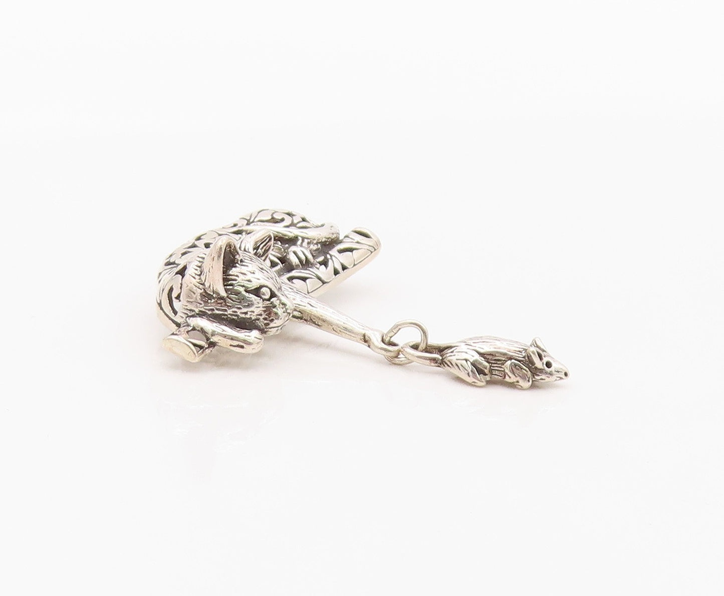 925 Sterling Silver Vintage Brooch Pin JEZALINE Cat With Swinging Mouse  BP12549