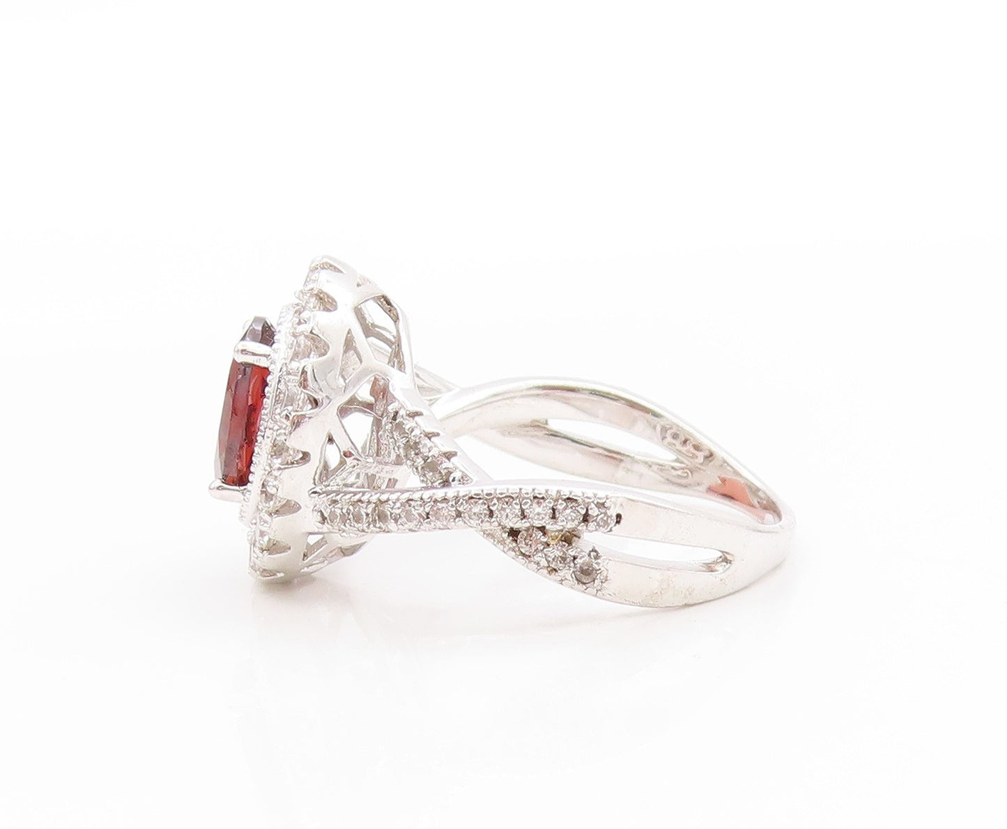 925 Sterling Silver Vintage Ring Red Garnet & Halo CZ Split Band  Sz 7  RG33630