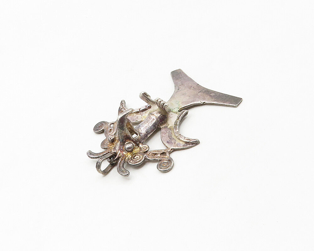 925 Sterling Silver  Vintage Dark Tone Swirl Bird Statue Pendant  PT13737