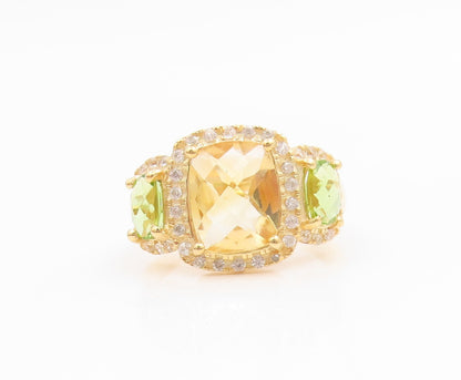 925 Sterling Silver Vintage Ring Gold Over Real Diamonds & Gemstone Sz 7 RG35692