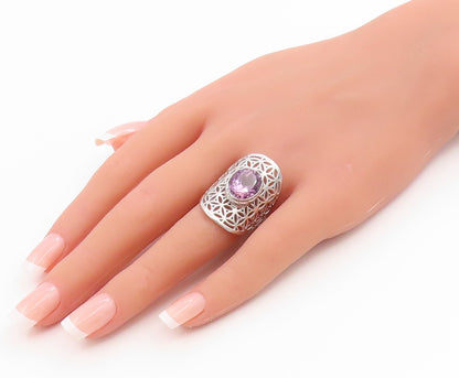 925 Sterling Silver Vintage Ring Amethyst Intricate Openwork Band  Sz 8  RG36145