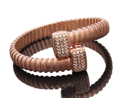 925 Sterling Silver Vintage Bracelet Solid Rope Coiled Inlay CZ Ends  BT10204