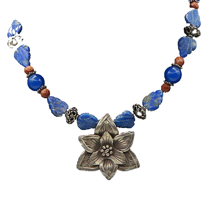 925 Silver  Vintage Lapis Lazuli Sodalite & Goldstone Chain Necklace  NE3529