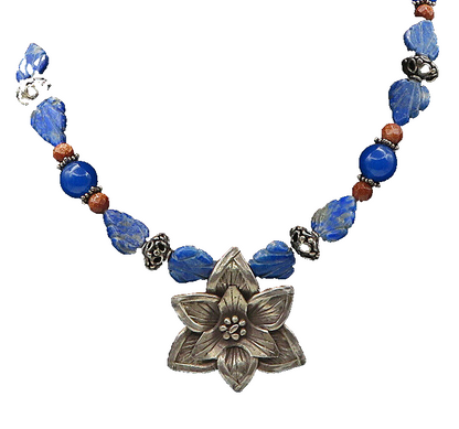 925 Silver  Vintage Lapis Lazuli Sodalite & Goldstone Chain Necklace  NE3529