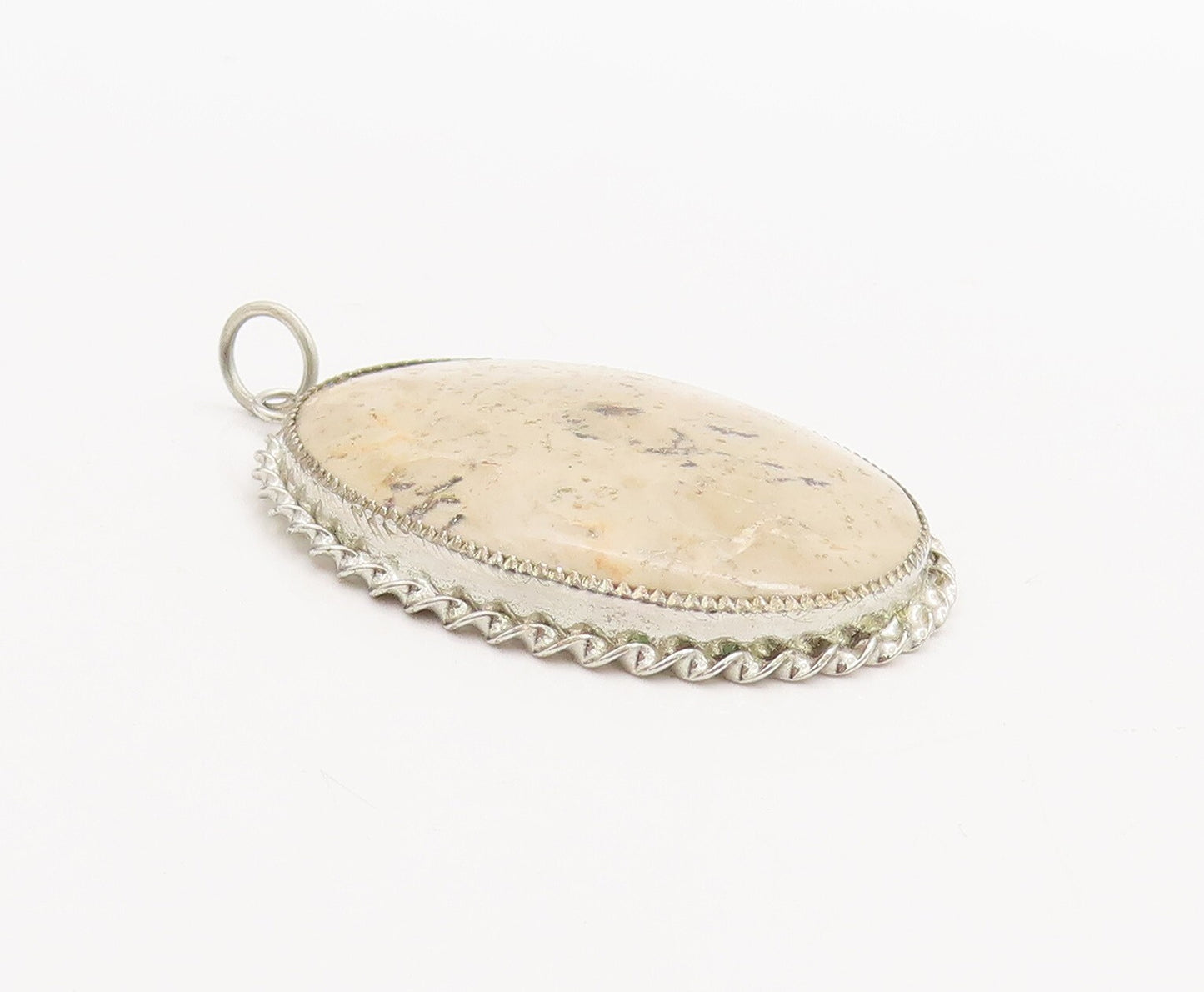 925 Sterling Silver Vintage Pendant Large Gemstone Halo Twisted Rope   PT23301