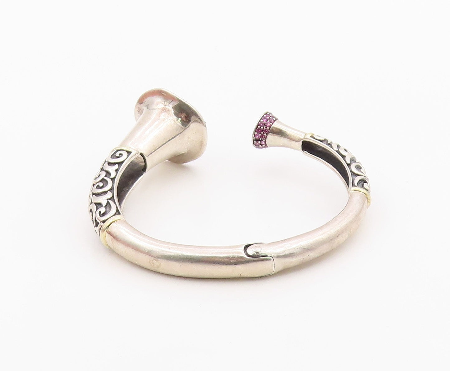 925 Sterling Silver Vintage Bracelet Real Ruby Scrollwork Open Cuff  BT12101