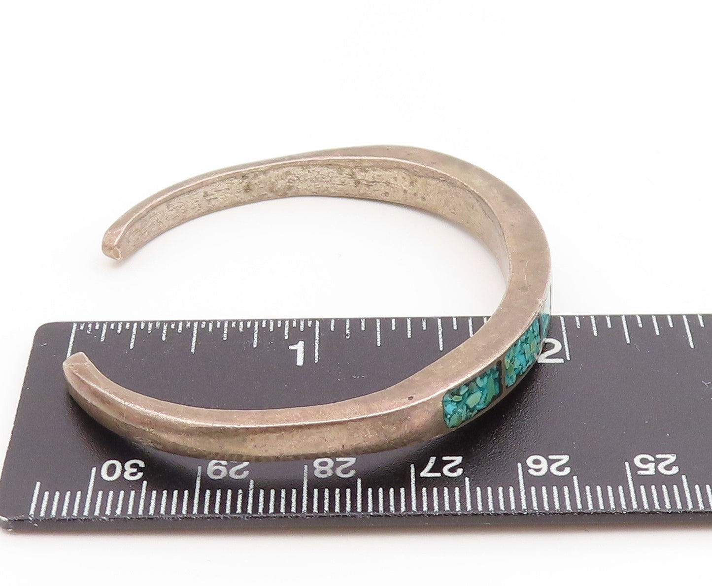 925 Sterling Silver Vintage Bracelet NAVAJO ZUNI Crushed Turquoise Inlay BT11886