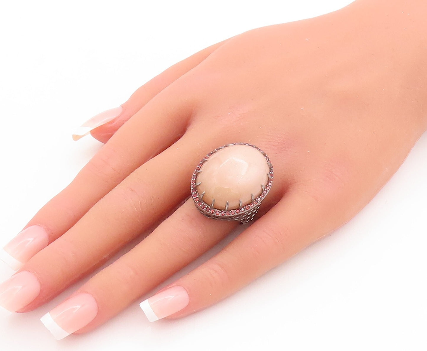 925 Sterling Silver Vintage Ring Large Oval Gemstone Halo Red CZ  Sz 7  RG29415