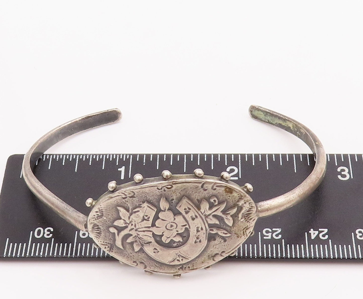 925 Sterling Silver Vintage Bracelet Antique Floral Carved Horseshoe  BT10464