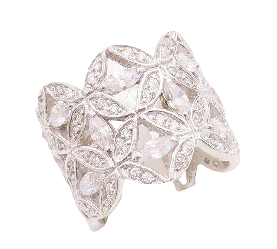 925 Sterling Silver Vintage Ring Broad Band Floral Cutout CZ Inlay Sz 7  RG29032