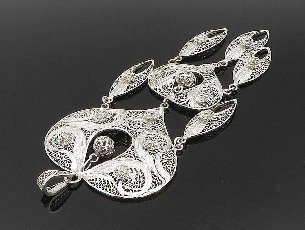 VAN LOU 925 Silver  Vintage Heart & Sphere Filigree Dangle Pendant  PT20121