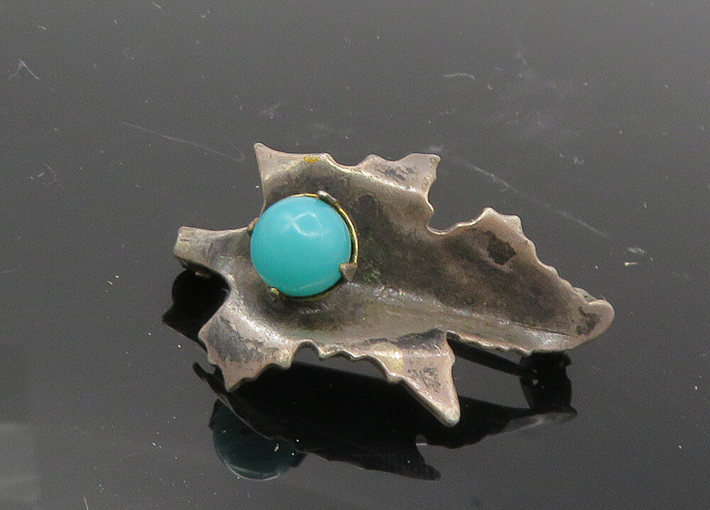 JM MEXICO 925 Silver  Vintage Turquoise Dark Tone Leaf Brooch Pin  BP4008