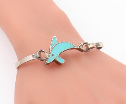 MEXICO 925 Silver  Vintage Turquoise Dolphin Hook Bangle Bracelet  BT9210