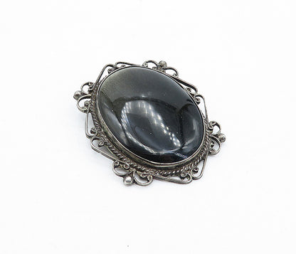 MEXICO 925 Sterling Silver  Vintage Black Onyx Baroque Swirl Brooch Pin BP1686