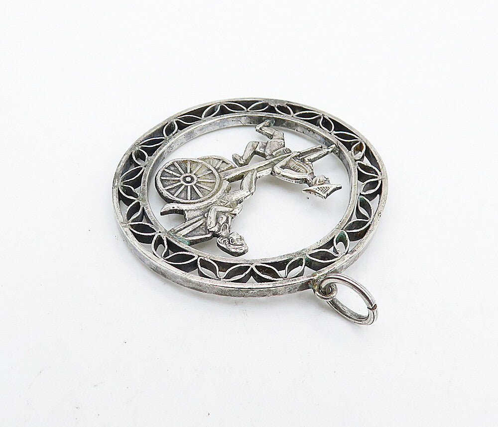925 Sterling Silver  Vintage Man Pulling Rickshaw Carriage Pendant  PT4903
