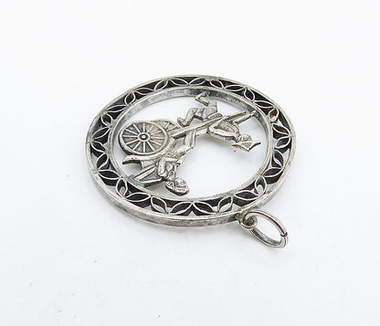 925 Sterling Silver  Vintage Man Pulling Rickshaw Carriage Pendant  PT4903