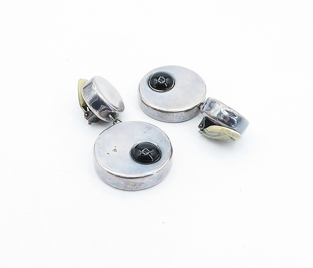 ISRAEL 925 Silver  Vintage Black Onyx Round Hollow Non Pierce Earrings  EG2325