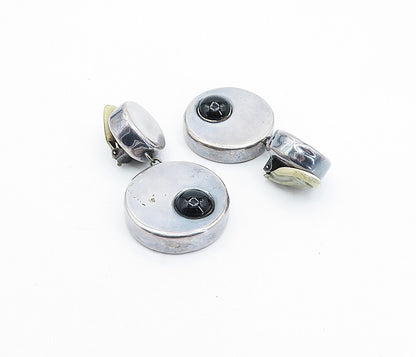 ISRAEL 925 Silver  Vintage Black Onyx Round Hollow Non Pierce Earrings  EG2325