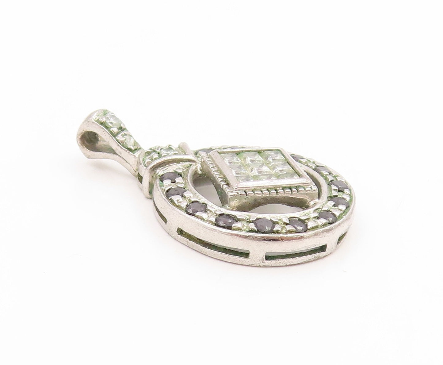 925 Sterling Silver Vintage Pendant Black & White CZ Geometric Charm  PT25824