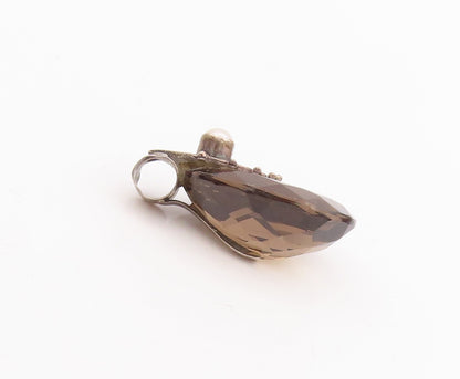 925 Sterling Silver Vintage Pendant Large Oval Smokey Quartz & Pearl  PT23345