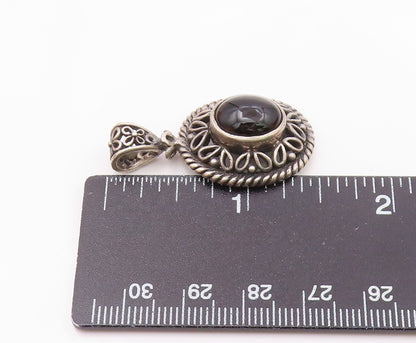 925 Sterling Silver  Vintage Cabochon Black Onyx Floral Dome Pendant  PT17632