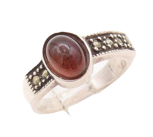 925 Sterling Silver Vintage Ring Cabochon Amethyst & Marcasite  Sz 6 RG28617