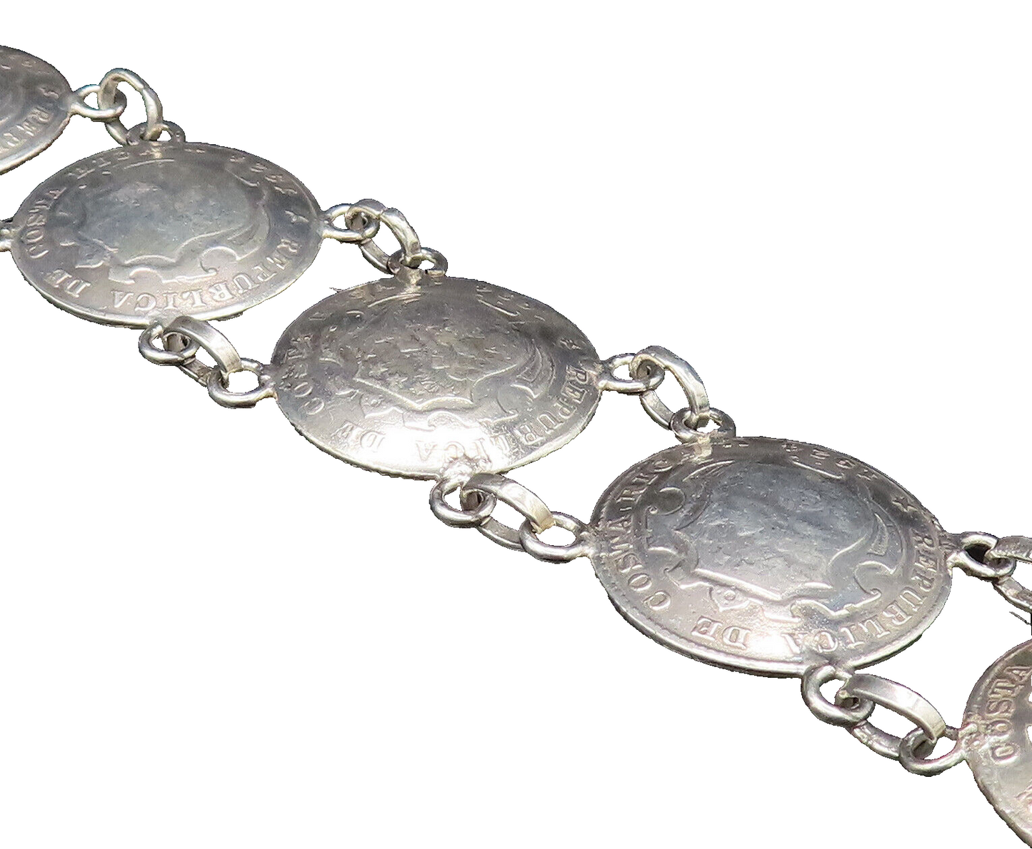 925 Sterling Silver  Vintage Costa Rica Crest Coin Chain Bracelet  BT9706