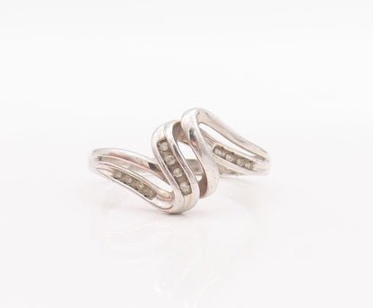 925 Sterling Silver Vintage Ring Designer Swirl Carved Diamonds  Sz 7.5  RG28573