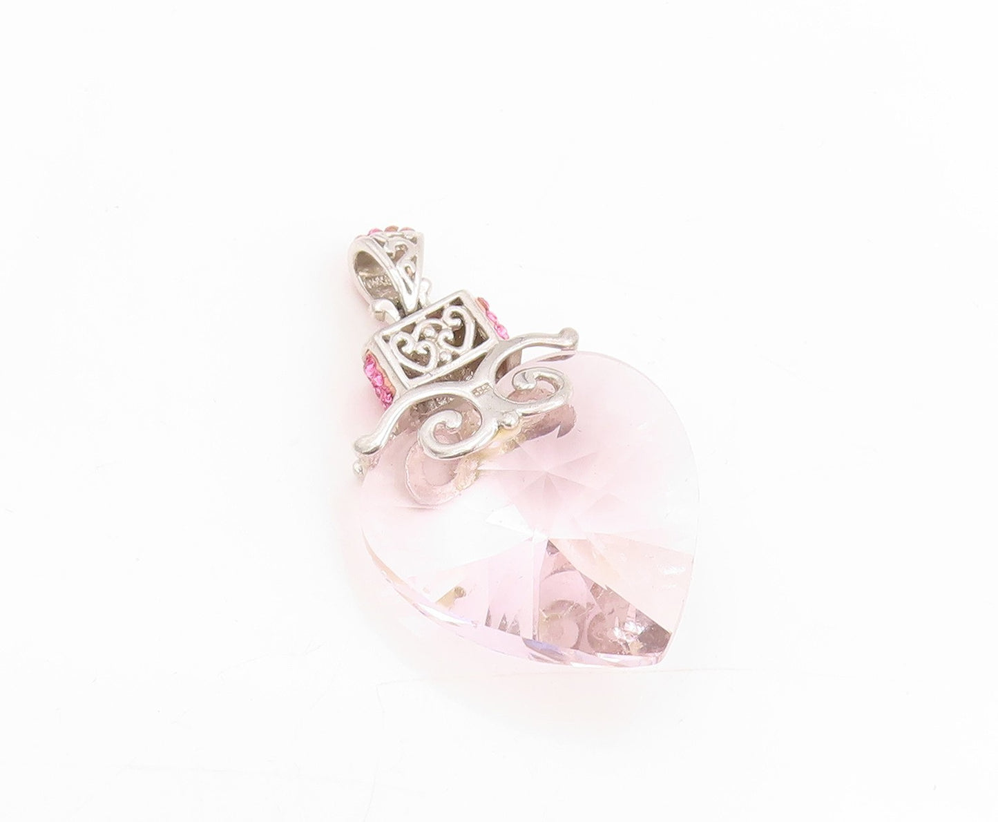 925 Sterling Silver Vintage Pendant Pink Topaz Love Heart Glass Crystal  PT25444