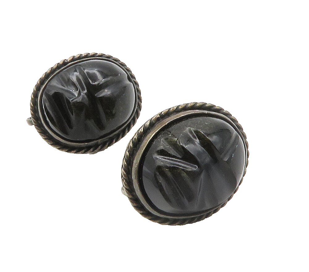 925 Sterling Silver  Vintage Face Carved Black Onyx Non Pierce Earrings EG7531
