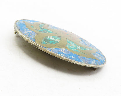 MEXICO 925 Sterling Silver  Vintage Turquoise 2 Tone Warrior Brooch Pin BP4682