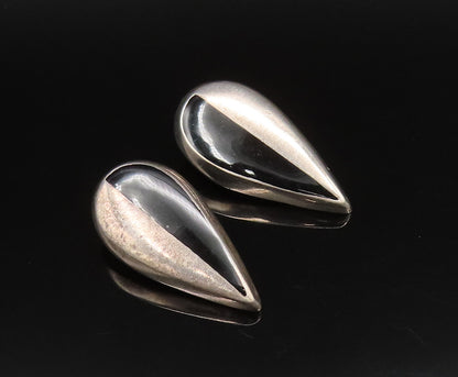 MEXICO 925 Silver  Vintage Half Enamel Pear Shaped Clip Back Earrings  EG12200