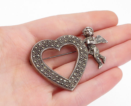 925 Sterling Silver  Vintage Marcasite Angel Love Heart Brooch Pin  BP1998