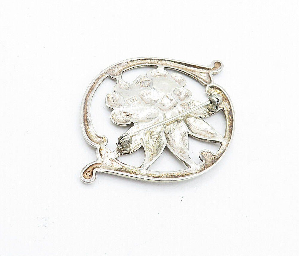 925 Sterling Silver  Vintage Shiny Double Flower Round Brooch Pin  BP2679